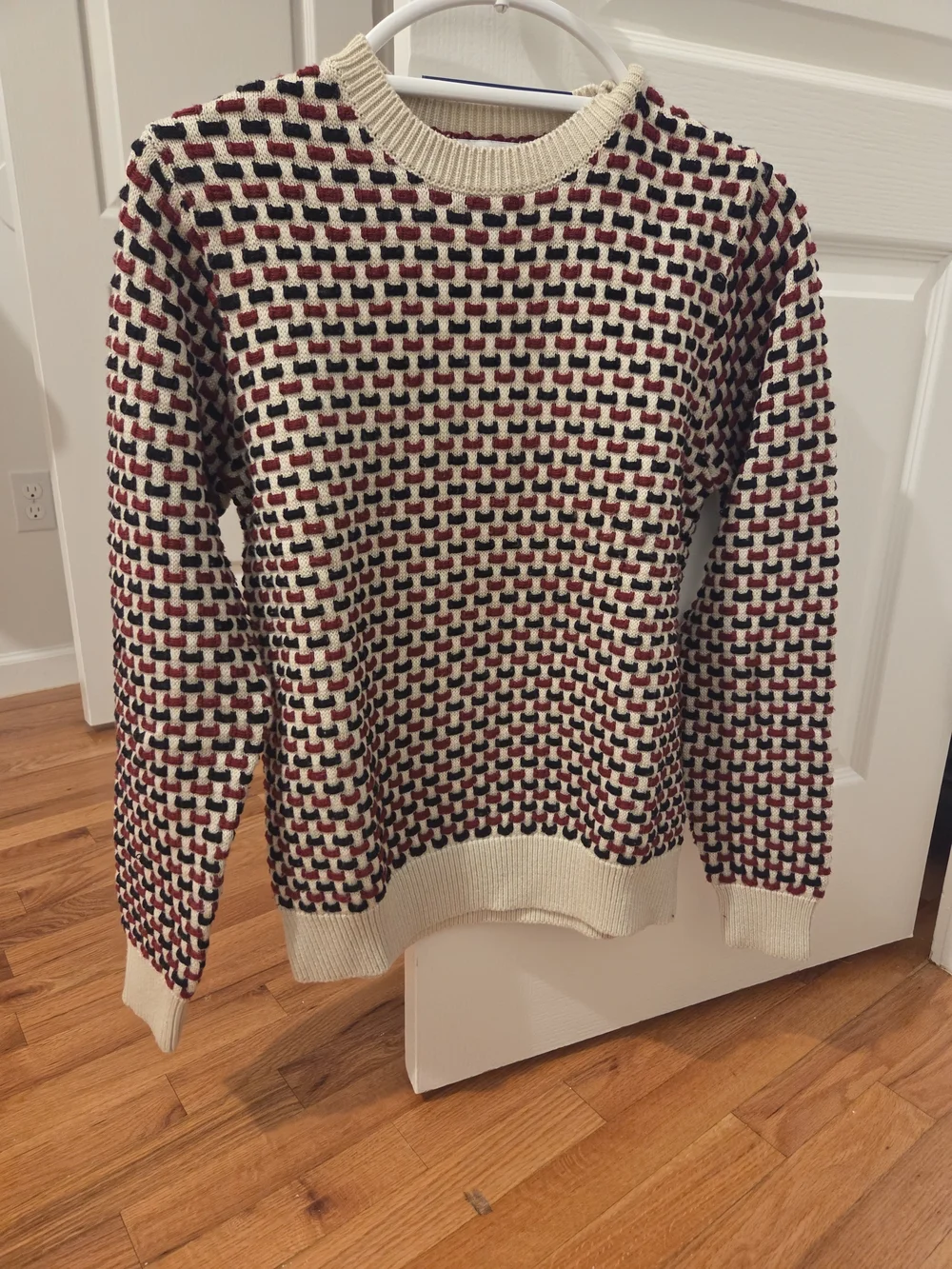 Cream and Burgundy Patterned Knit Sweater - Women's Crewneck
